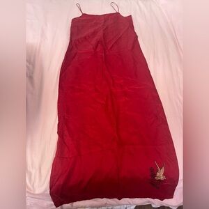 Red French Chemise Slip Dress with Embroidered Detail